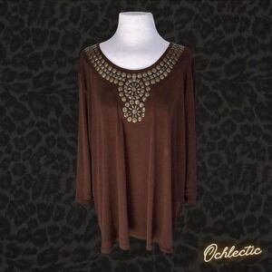 Susan Graver Brown long sleeve top with silver studded neckline
